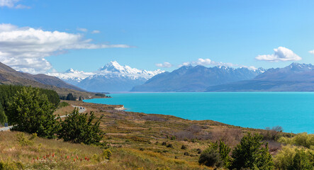Picturesque lake Pukaki and snow capped mount Cook, South Island, New Zealand