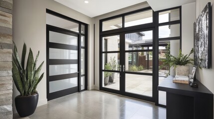 Fototapeta premium Note that actual search volume and ranking fluctuate constantly... Architectural elegance is showcased in this modern home entryway with glass and stone. Sleek black doors reveal a stylish interior
