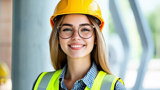 Confident woman in hardhat and safety vest stands proud at a busy industrial site, exuding strength and resilience.
