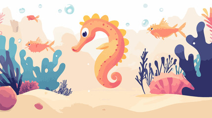 Obraz premium Underwater Marine Life Cartoon Illustration with Seahorse, Fishes, Crab, Nautilus, Shrimp, and Sand - Adorable and Colorful Ocean Creatures in a Playful Style