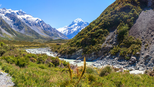 Snow capped peak of Mount Cook and brided river in vally of Mount Cook National Park, New Zealand