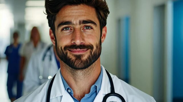 A confident male doctor stands ready with his stethoscope in a modern medical facility, embodying professionalism and care.