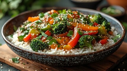 Delicious vegetable stir-fry served over rice