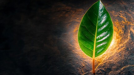 Single green leaf on dark stone, warm light, nature background, wellness concept
