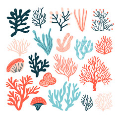Coral collection: Includes various ocean plants, underwater flora, and seaweeds. Features aquatic plants, algae, and tropical seabedel ements vector set
