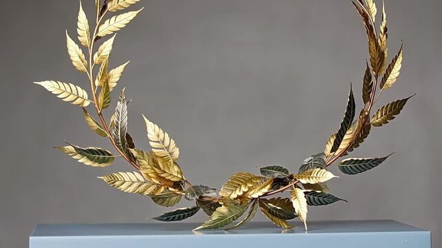 Golden laurel wreath displayed on a sleek blue platform.
