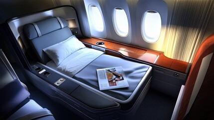 First-class airplane bed, daytime, cabin, window, luxury travel