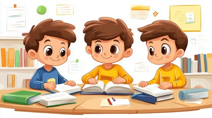 Children Engaged in Collaborative Studying at a Colorful Classroom Table During a School Day