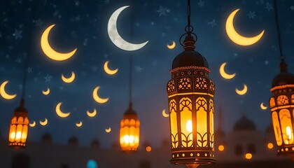Illuminated Lanterns and Crescents Adorn Night Sky