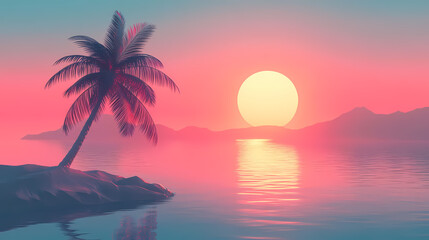 Fototapeta premium Tropical sunset oasis with palm tree on serene water. Sunset Oasis. Illustration