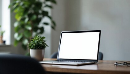 Fototapeta premium Laptop on a desk with a blank screen and a potted plant, symbolizing a modern,workspace focused on productivity and a digital lifestyle