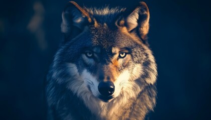 Fototapeta premium Majestic Grey Wolf Portrait In Golden Light