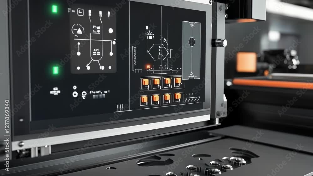 Poster futuristic machinery operates with a digital interface displaying schematics and controls, showcasin