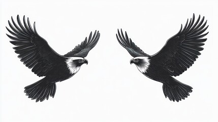Obraz premium Two eagles soaring, white background, wildlife art, design element