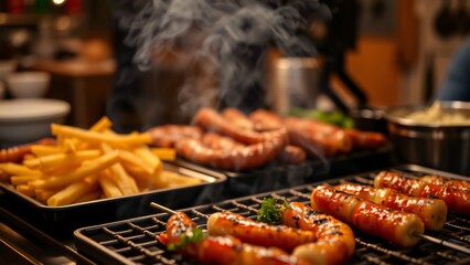 Delicious Grilled Sausages and Crispy French Fries at a Food Buffet