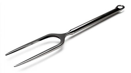 Long stainless steel meat fork on a white background, barbecue utensil.