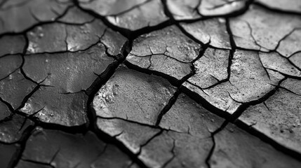 Black and white close-up of cracked concrete symbolizing the impact of global water scarcity, with minimalistic bright tone and blurred empty space for caption, evoking a sense of chaos and environmen