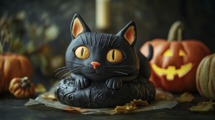 Naklejka premium Black cake on wooden table. Cake, , blurry, background glare, light, shape,. Cat glares at the light in the shape of spooky cat. Cat with glare of light on cake with a blurry background. A lifestyle.