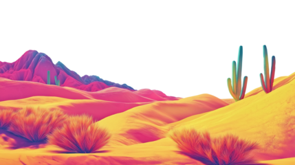Vibrant Surreal Desert Landscape Isolated on Transparent Background, Fantasy Desert Scene with Colorful Sand Dunes, Cactus, and Dreamlike Atmosphere. Cutout.