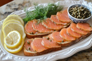 A Beautifully Styled Serving Platter with Sliced Salmon, Lemon, Capers, and Fresh Dill