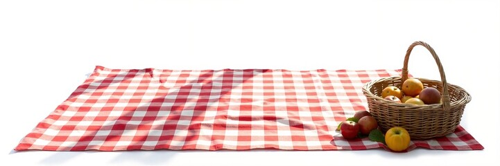 Red and white checkered picnic blanket with a wicker basket full of fresh apples creating a festive summer vibe, perfect for gathering and celebrating