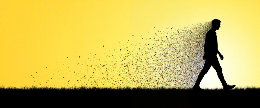 Digital silhouette walking away, evoking a sense of fading identity, representing the ephemeral nature of digital presence against a vibrant yellow background - Powered by Adobe