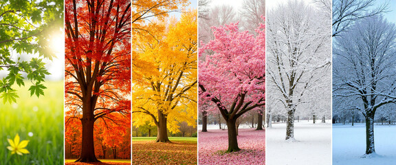 Natural cycles rhythm represented by colorful trees in different seasons showcasing vibrant foliage and snow, with a bright sunlight backdrop illuminating each transition