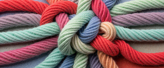 Colorful intricate knot of rope showing complexity and simplicity, featuring various pastel shades blended together, illustrating craftsmanship and artistry
