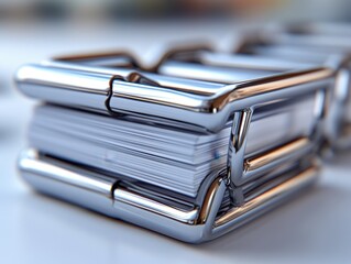 A close-up of a metallic binder holding stacked sheets of paper.