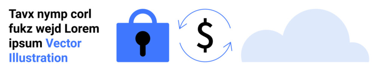 Lock icon, dollar symbol in rotating arrows, and cloud icon represent secure financial transactions and cloud storage. Ideal for fintech, online banking, security, cloud services, mobile payments