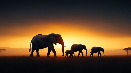 Fototapeta premium A herd of elephants trekked through a parched meadow, strolling beneath a gloomy canopy as the sun dipped below the horizon (25 tokens