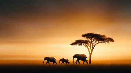   A herd of elephants strolls across a green field beside a tall tree, framed by an orange and yellow sky