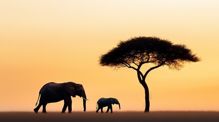 Obraz premium An adult elephant and its calf stroll through a meadow, with a majestic tree framing the scene A beautiful sunset colors the backdrop, casting a warm glow over