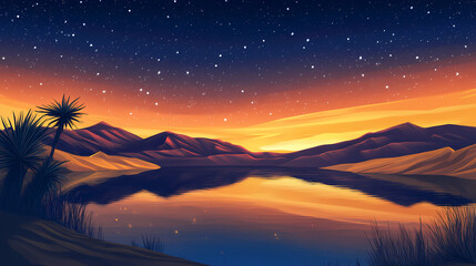 A serene desert oasis with a still lake reflecting the golden sunset and a sky studded with twinkling stars. twinkling desert sky. illustration. Sunset Oasis. Illustration