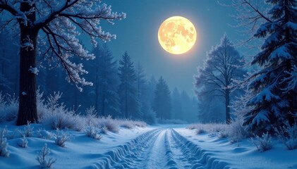 Frosty morning with full moon above in the forest, peaceful, snow