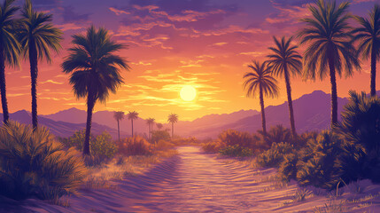 Fototapeta premium A serene desert oasis with palm tree lined path at sunset. Sunset Oasis. Illustration