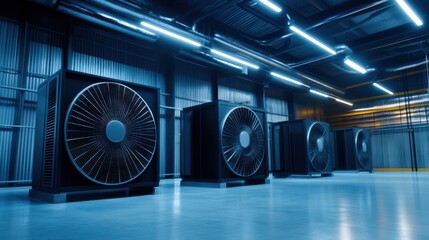 Industrial warehouse with large cooling fans and modern lighting, showcasing a sleek, contemporary design for ventilation and temperature control in a commercial space