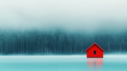   A red house rests atop a body of water with a surrounding forest shrouded in fog on a misty day