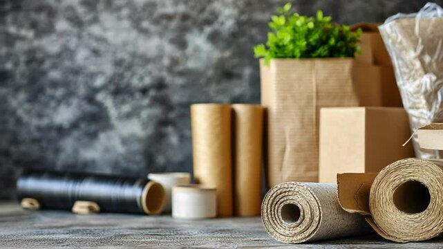 Rolls of recycled paper, cardboard boxes, and plants represent eco friendly packaging solutions for businesses prioritizing sustainable shipping and waste reduction
