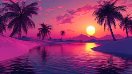 A vibrant and surreal digital landscape depicting a desert oasis at sunset. Sunset Oasis. Illustration