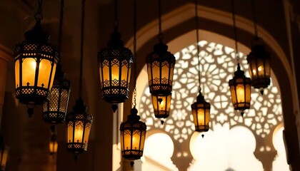 Illuminated lanterns hang in an ornate arched hallway