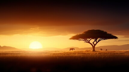 Obraz premium A giraffe stands tall next to a tree on a green field as the sun sets in the background