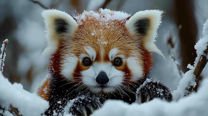 Red panda cub snowy forest winter closeup wildlife