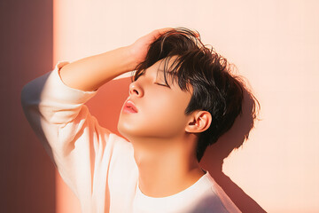 Fototapeta premium Close-up of a Young Korean Male Model with Dramatic Lighting, Showcasing Modern Beauty Trends, Soft Features, and Creative Shadow Play