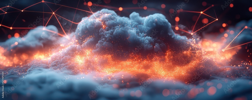 Poster a floating cloud connected by glowing data lines, representing the seamless integration cloud comput