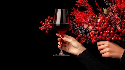 A woman sips red wine against a black backdrop with a bouquet of red berries