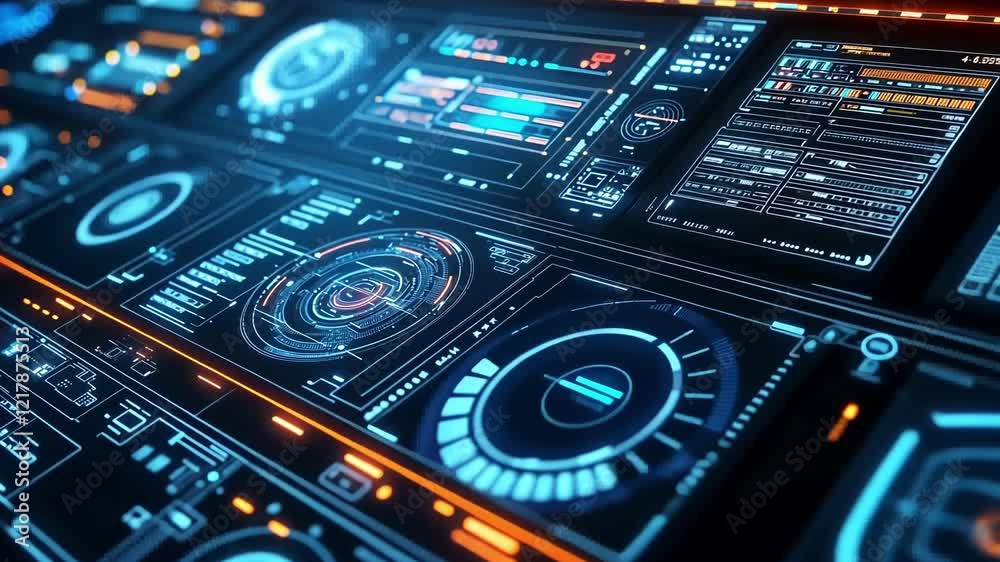 Poster futuristic glowing user interface displaying complex data analysis, processing information and vario
