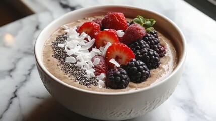 Close-up view of a bowl filled with smoothie and fresh fruits served on a table