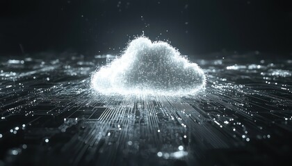 Abstract cloud computing icon with soft white lighting over digital circuits, merging art with technology