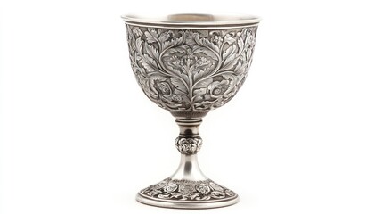 Ornate silver goblet with intricate engravings on a white background